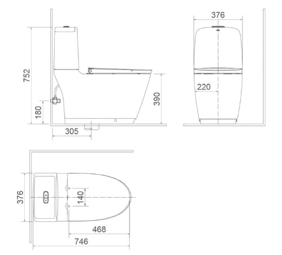 Bản vẽ kỹ thuật bồn cầu INAX AC-832/CW-32VN 2 Khối Nắp Rửa Cơ