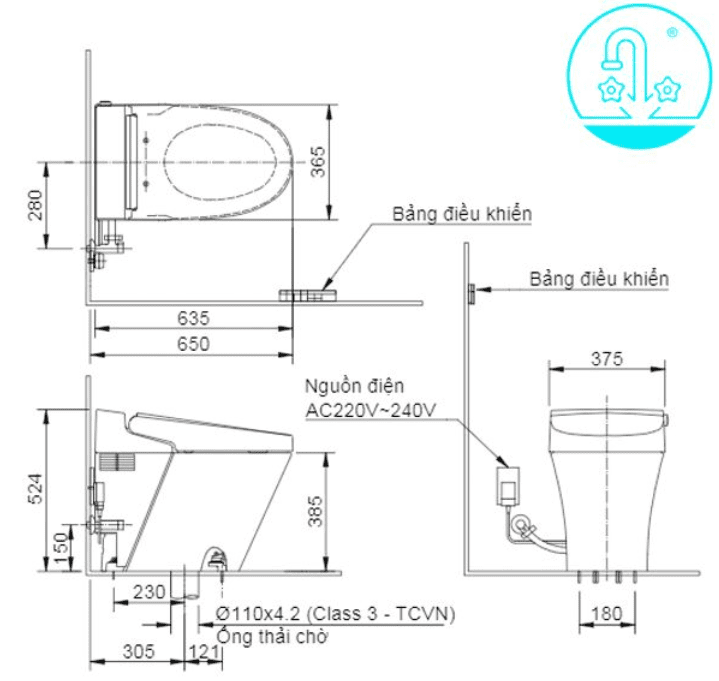 Bản vẽ kỹ thuật của Bồn Cầu Điện Tử INAX AC-618VN