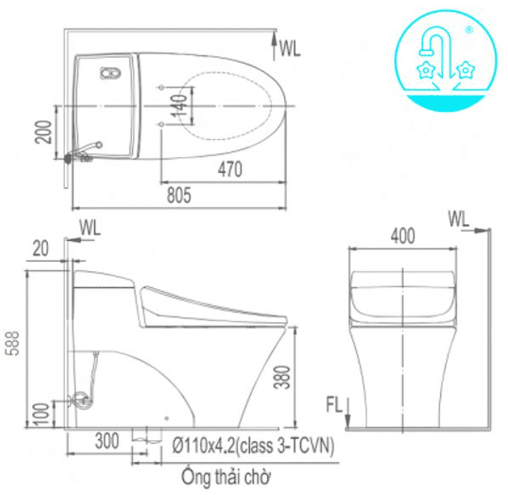 Bản vẽ kỹ thuật của bệ xí bệt Inax 1008 xả nhấn nắp êm