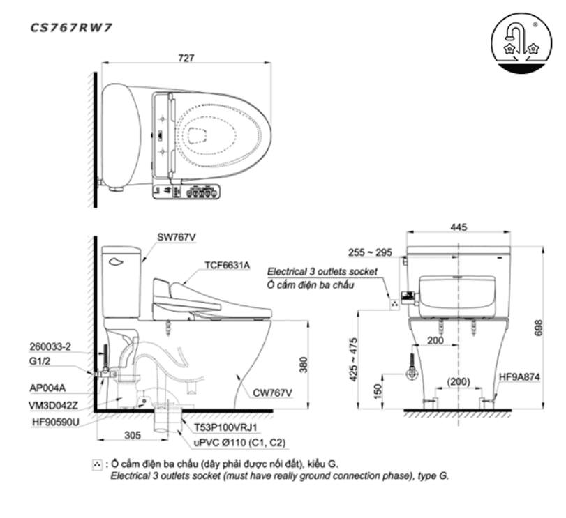 Bồn cầu điện tử TOTO CS767RW7