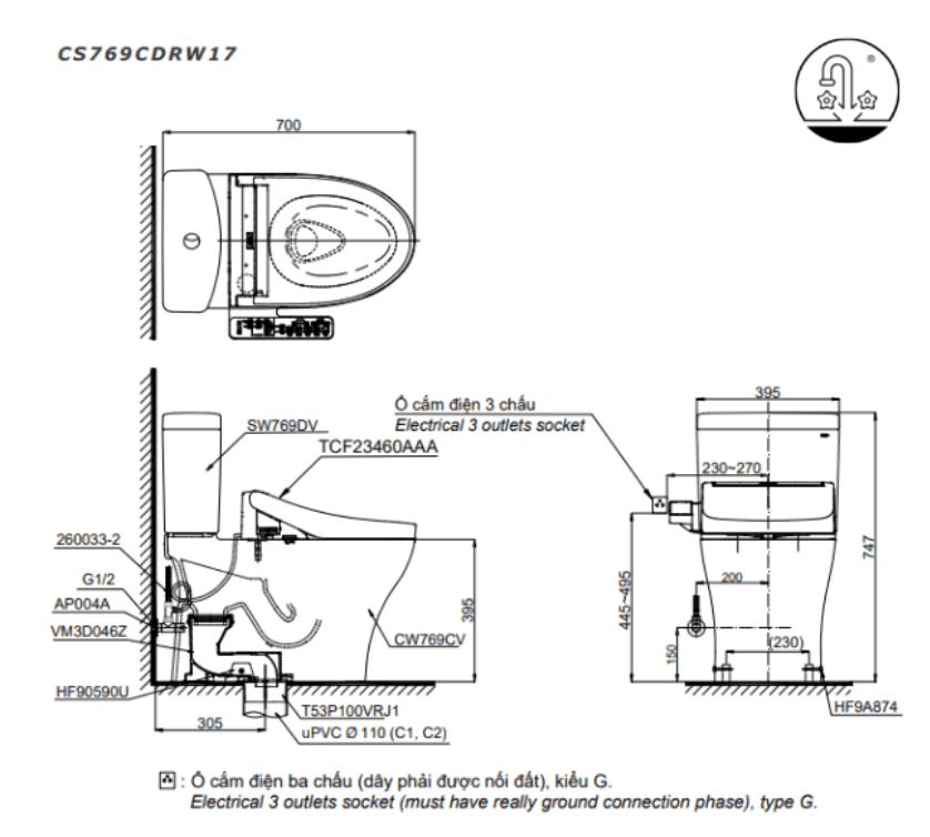 Bồn cầu điện tử TOTO CS769CDRW17