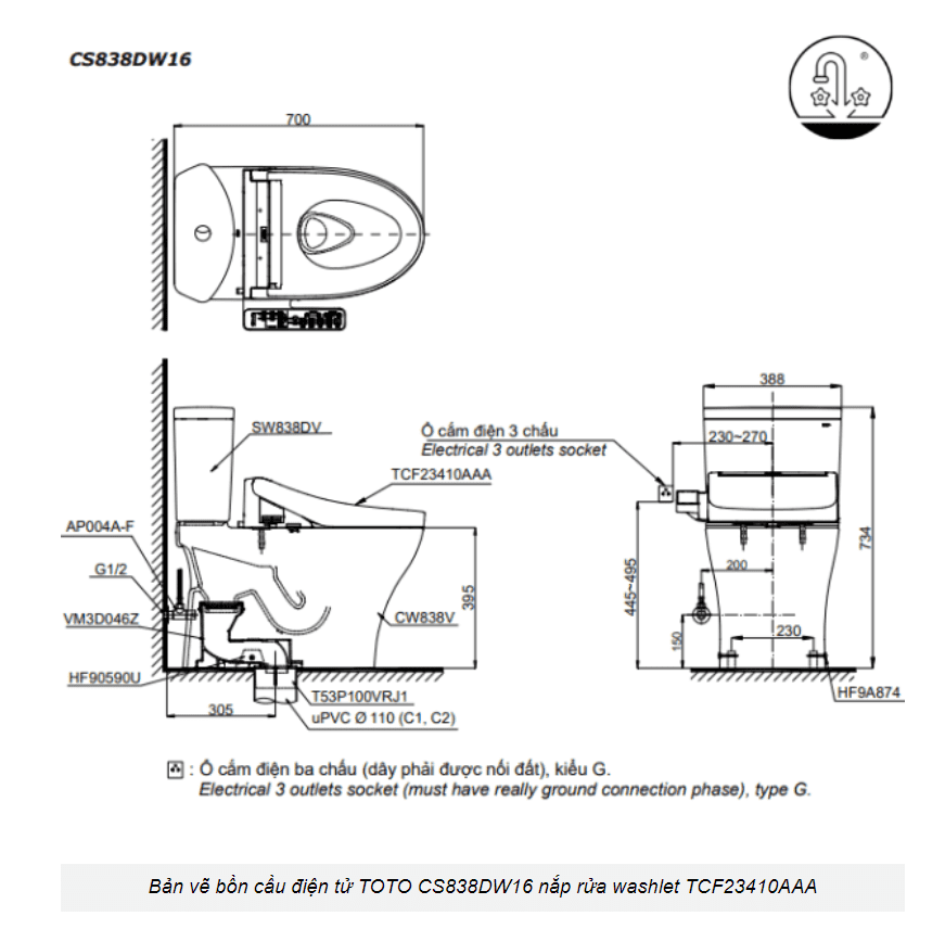 Bồn cầu điện tử TOTO CS838DW16