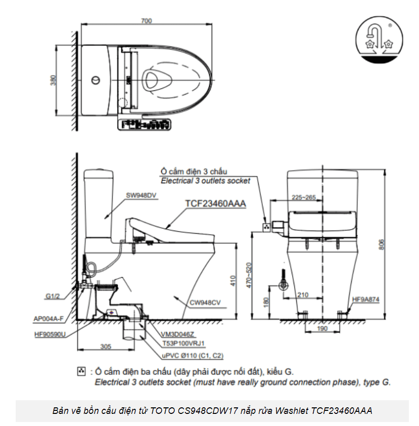 Bồn cầu điện tử TOTO CS948CDW17