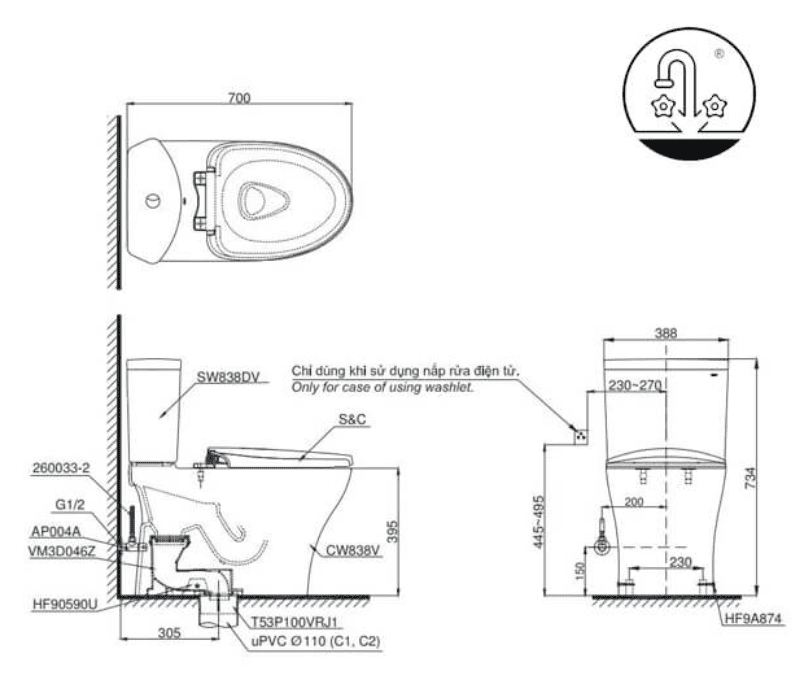 Bồn cầu điện tử TOTO CS838DW14