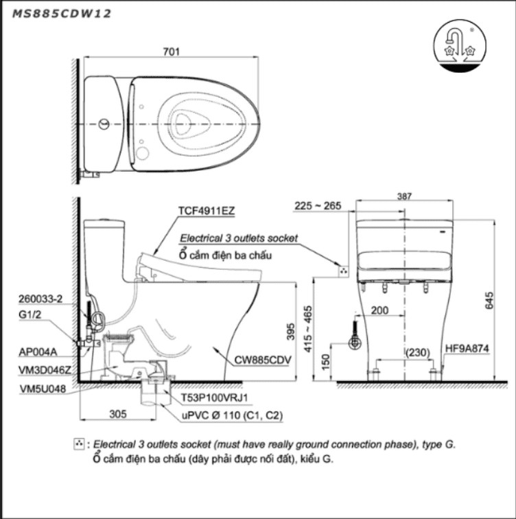 Bồn cầu điện tử MS885CDW12