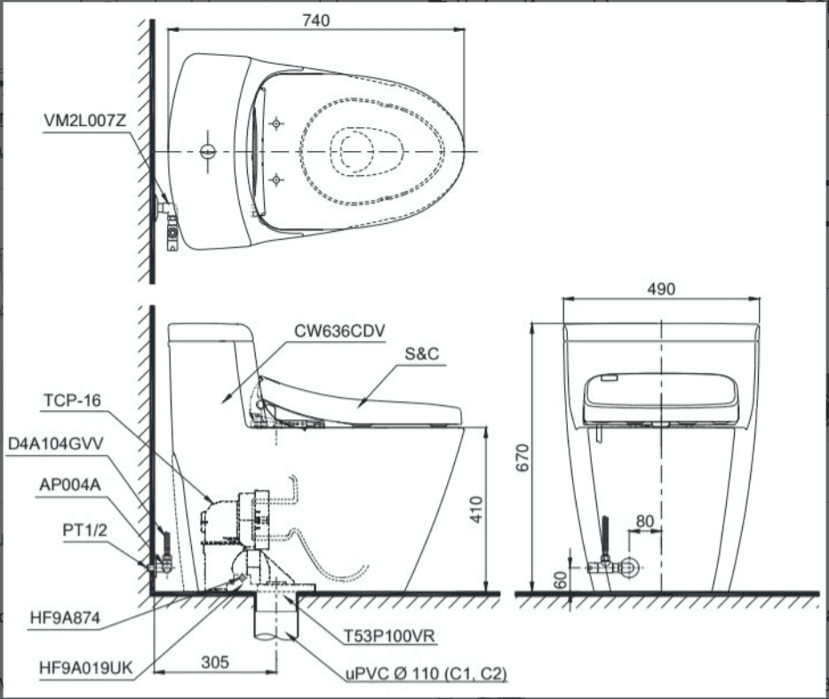 Bảng vẽ kỹ thuật của bồn cầu MS636CDRW12