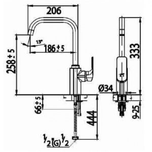 bản vẽ Vòi bếp COTTO CT2150A Nóng Lạnh