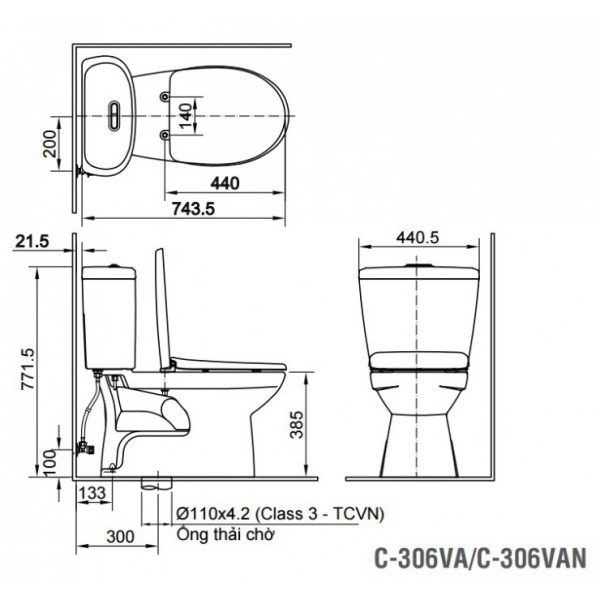 Bản vẽ bồn cầu inax 306 nắp êm