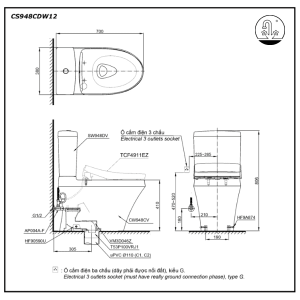 bản vẽ Bồn cầu điện tử TOTO CS948CDW12 nắp rửa Washlet