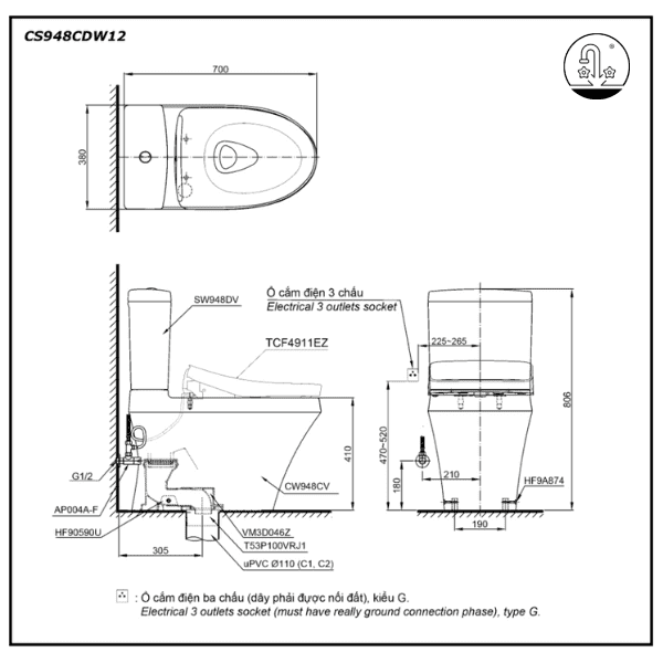 bản vẽ Bồn cầu điện tử TOTO CS948CDW12 nắp rửa Washlet
