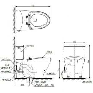 bản vẽ Bồn Cầu Điện Tử TOTO CS767CRW12 (CS767CW12) Nắp Washlet Giấu Dây