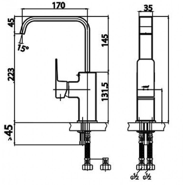 bản vẽ Vòi bếp COTTO CT2192A Nóng Lạnh