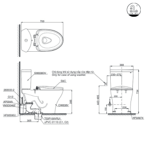 bản vẽ Bồn Cầu Điện Tử TOTO CS838DW11 Nắp Rửa Washlet