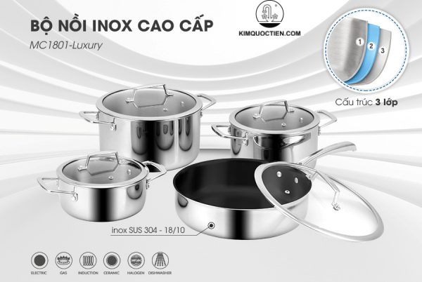 Bộ nồi Eurosun MC1801-Luxury 8 món với thiết kế inox 304 cao cấp, sang trọng và bền bỉ
