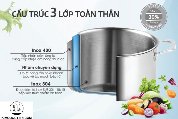 Cấu trúc 3 lớp toàn thân của nồi với lớp inox cao cấp bên ngoài