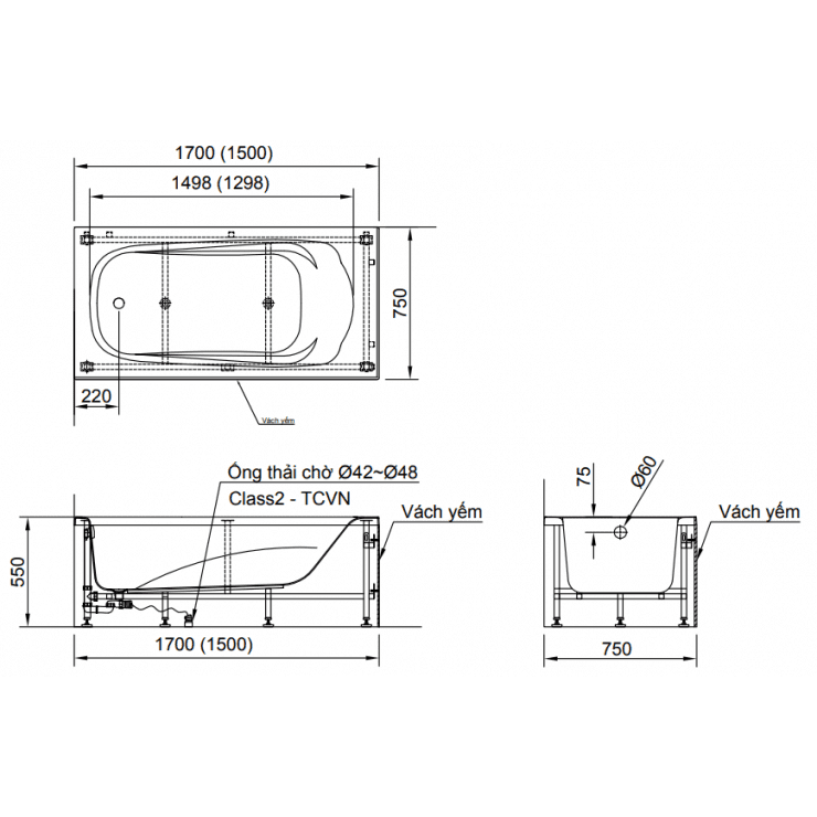 Bồn Tắm INAX FBV-1702SR Chân Yếm Phải 1.7M