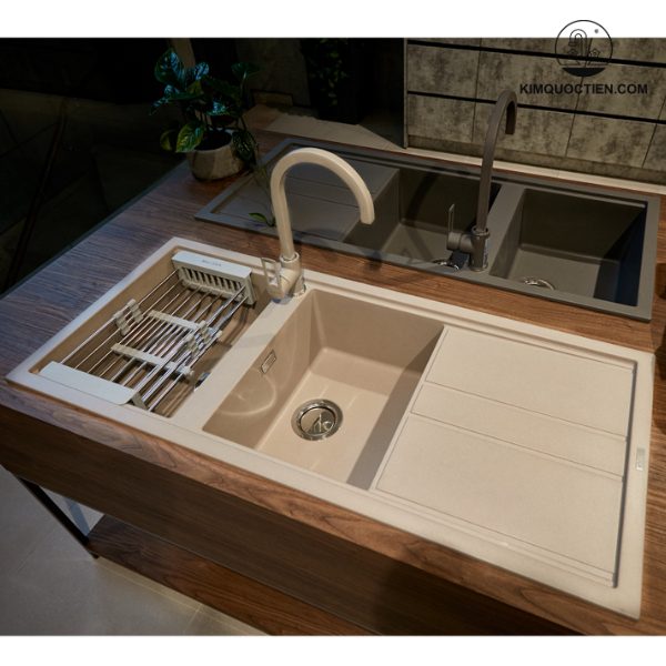 Chậu rửa chén đá Malloca BIANCO K-50062 màu kem, chất liệu granite cao cấp, phủ Nano Bạc diệt khuẩn, bền bỉ và dễ vệ sinh.