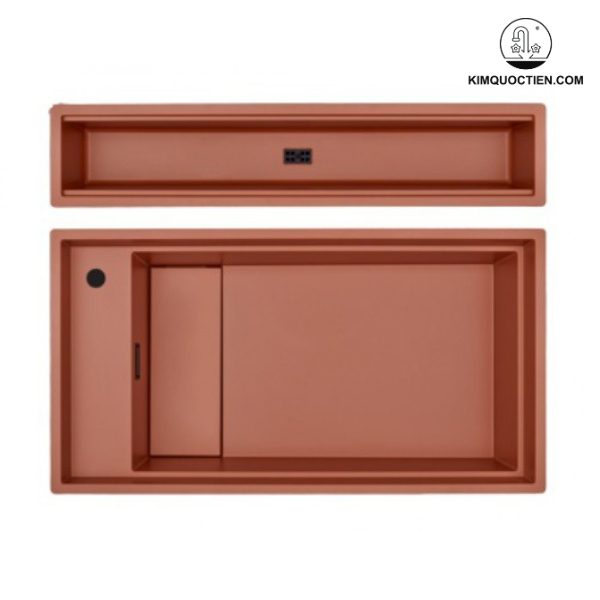 Chậu rửa chén đá Malloca MYST K83S/K83L hai ngăn riêng biệt, thiết kế cho bếp đảo, kèm phụ kiện tiện ích và hai thớt gỗ, tối ưu hóa không gian bếp.