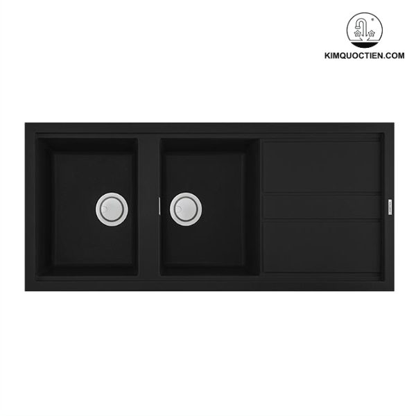 Chậu rửa chén Malloca NERO K-50040 đen được làm từ đá Granite bền bỉ, Nano bạc diệt khuẩn, hai hố sâu rộng, thoát nước nhanh chóng.