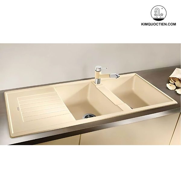 Chậu bếp đá Hafele Blanco 565.76.659 màu vàng Jasmine, phù hợp tủ bếp từ 800mm, lắp đặt nổi hoặc âm, mang vẻ đẹp hiện đại và độc đáo.