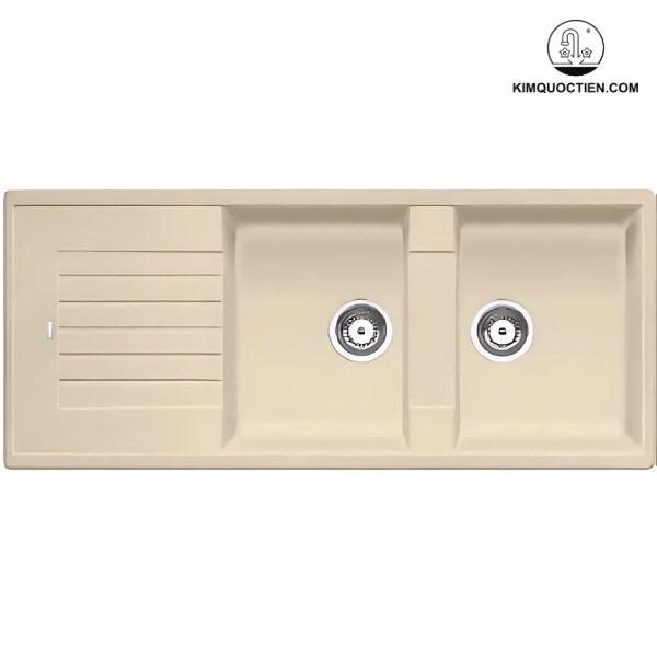 Chậu rửa chén Blanco BLANCOZIA 8S màu vàng Jasmine làm từ đá SILGRANIT PuraDur II, thiết kế hiện đại với hai ngăn lớn và bàn ráo nước tiện lợi, xoay được, dễ vệ sinh, chống trầy xước.