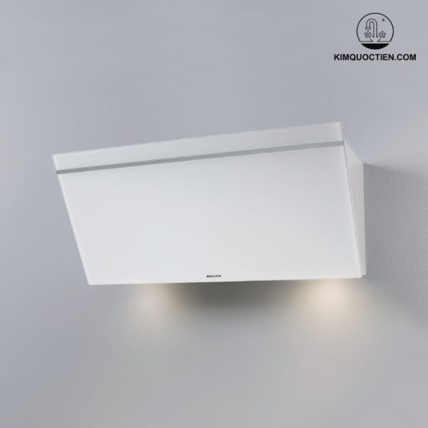 Máy hút mùi Malloca VITA V-3 với thiết kế áp tường hiện đại, mặt kính trắng sang trọng, điều khiển cảm ứng, kết nối bếp Integra và hệ thống lọc mùi hiệu quả, mang đến không gian bếp tiện nghi và trong lành.