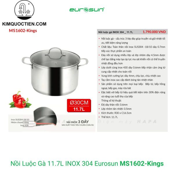 Nồi Luộc Gà EUROSUN MS1602-Kings Inox 304 30cm
