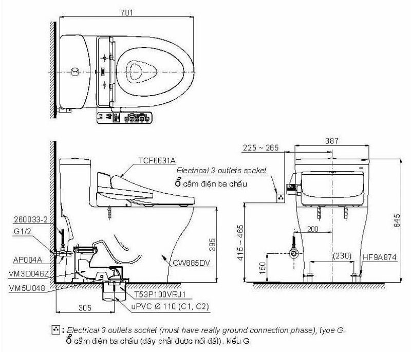 Bản vẽ 2D của bệ vệ sinh một khối MS885DW7