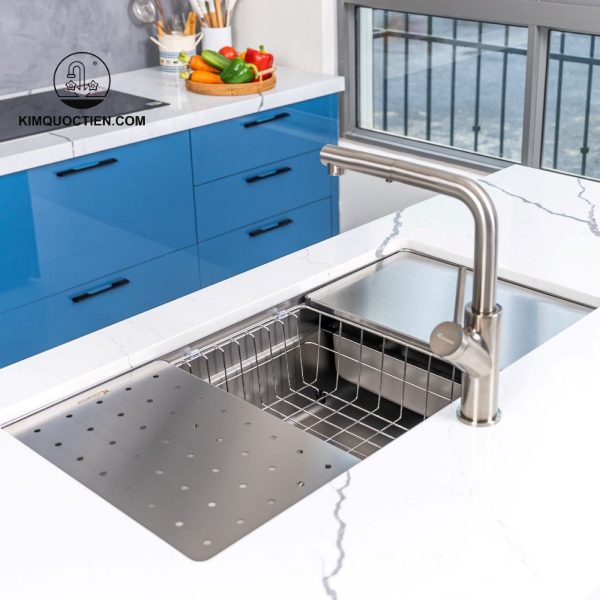 Chậu Rửa Chén KONOX KN7644SU Dekor Chống Xước 760mm Inox 1 Hộc thiết kế hạ bậc độc đáo