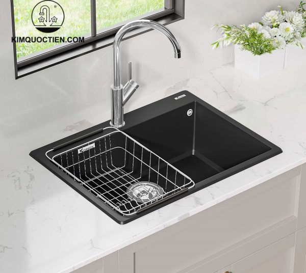 Chậu rửa chén KONOX Ruvita 680 Black đá Granite thiết kế 1 hộc gọn gàng