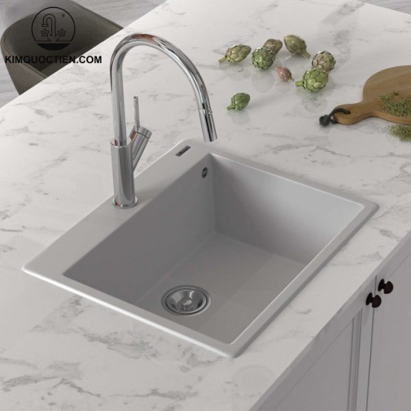 Chậu rửa chén KONOX Ruvita 680 White Silver Đá Granite 1 hộc 680mm thiết kế vát cạnh tinh tế
