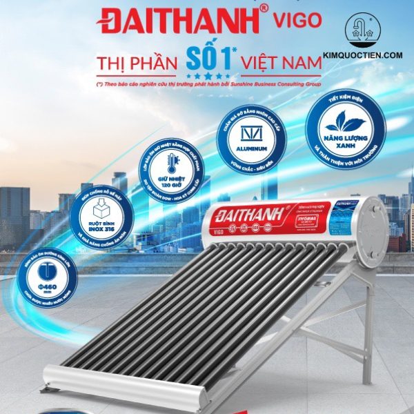 Máy năng lượng mặt trời ĐẠI THÀNH 130 lít VIGO SUS316 dạng ống 58 với ruột bình inox SUS 316 siêu cấp, ống chân không 5 lớp Vigo, lớp giữ nhiệt Foam 55mm và chân máy nhôm nguyên khối, mang đến nguồn nước nóng an toàn, tiết kiệm và bền bỉ.
