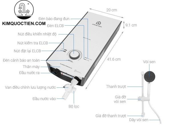 Máy Nước Nóng ARISTON AURES PREMIUM 4.5P Trực Tiếp Không Bơm Màu Trắng