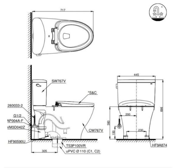 Kích thước bồn cầu toto 2 khối