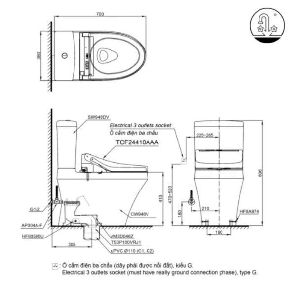 Kích thước bệt vệ sinh thông minh