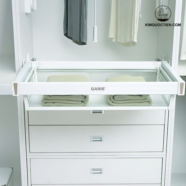 Ngăn kéo vách kính Garis GW02.60, khung thép sơn tĩnh điện, đáy nhựa ABS, vách kính trong suốt, tiện lợi cho tủ quần áo.