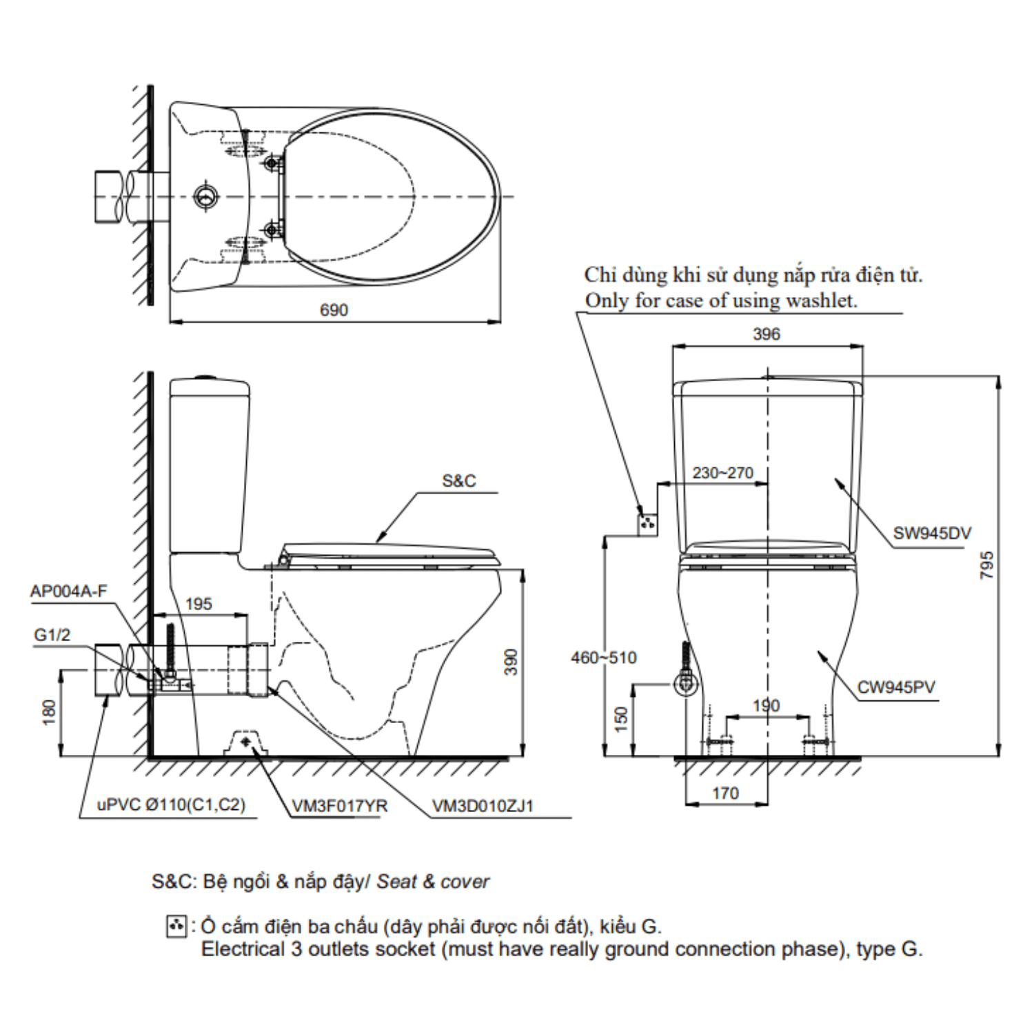 Bản vẽ kỹ thuật bồn cầu TOTO CS945PDT10 2 khối