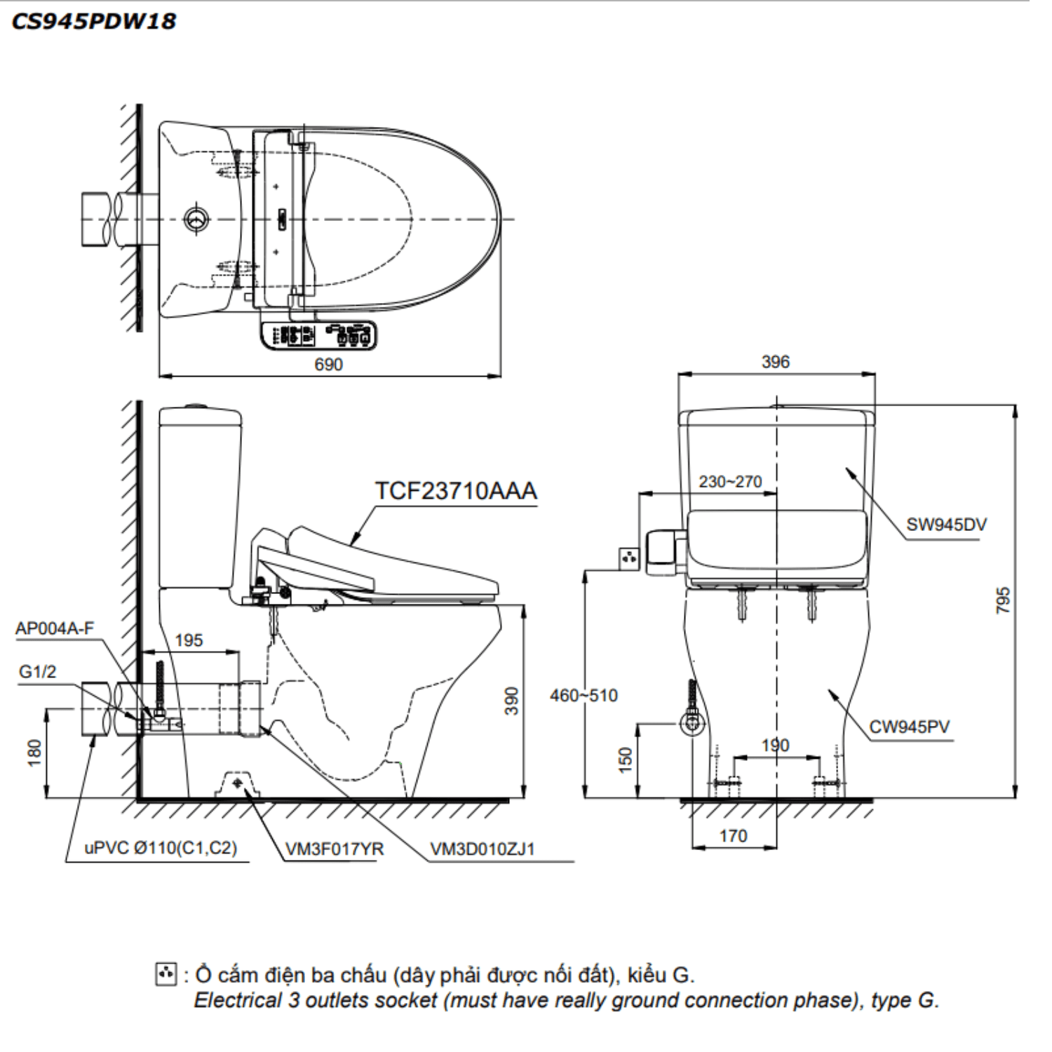 Bản vẽ kỹ thuật bồn cầu điện tử TOTO CS945 PW18