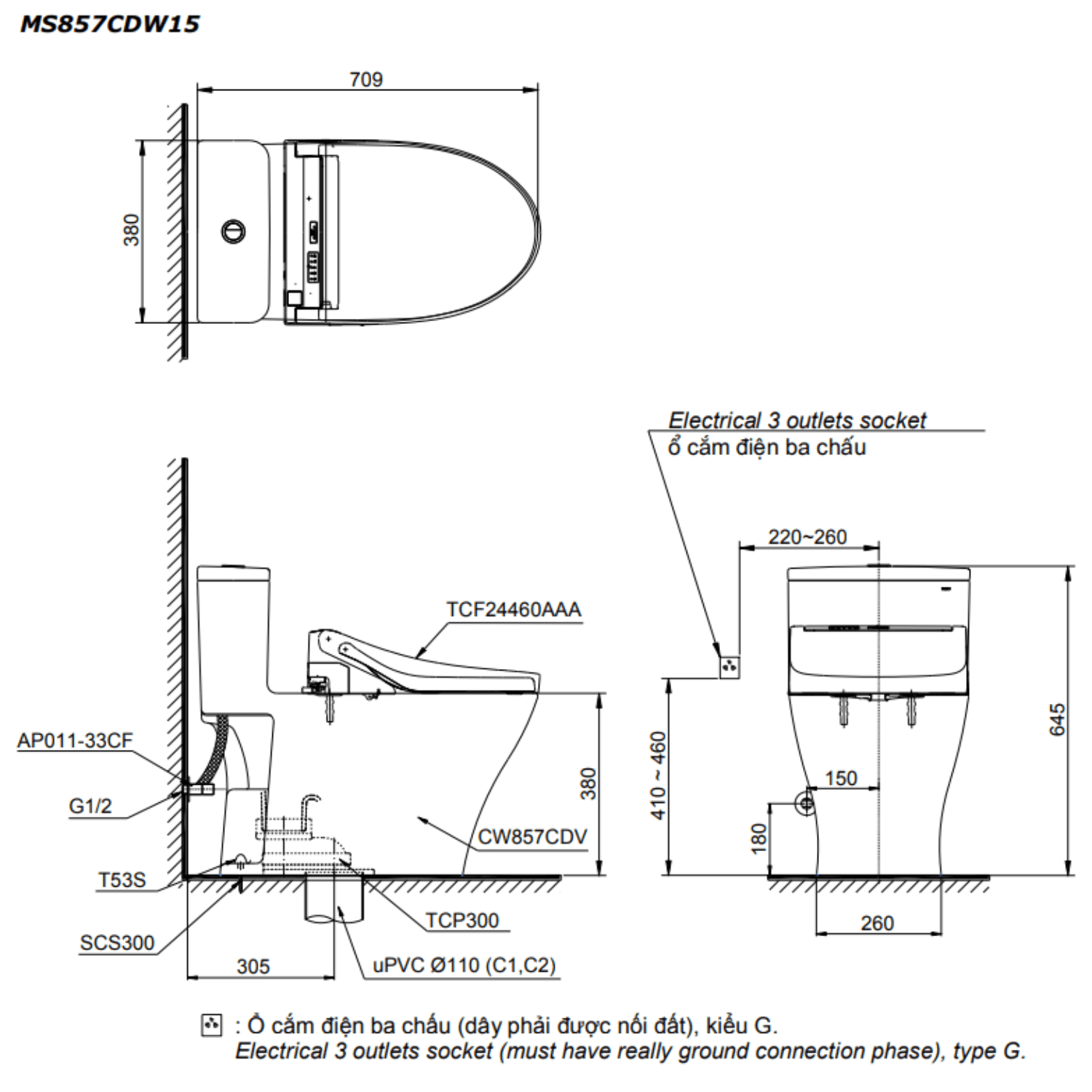 bản vẽ kỹ thuật bồn cầu TOTO MS857CDW15