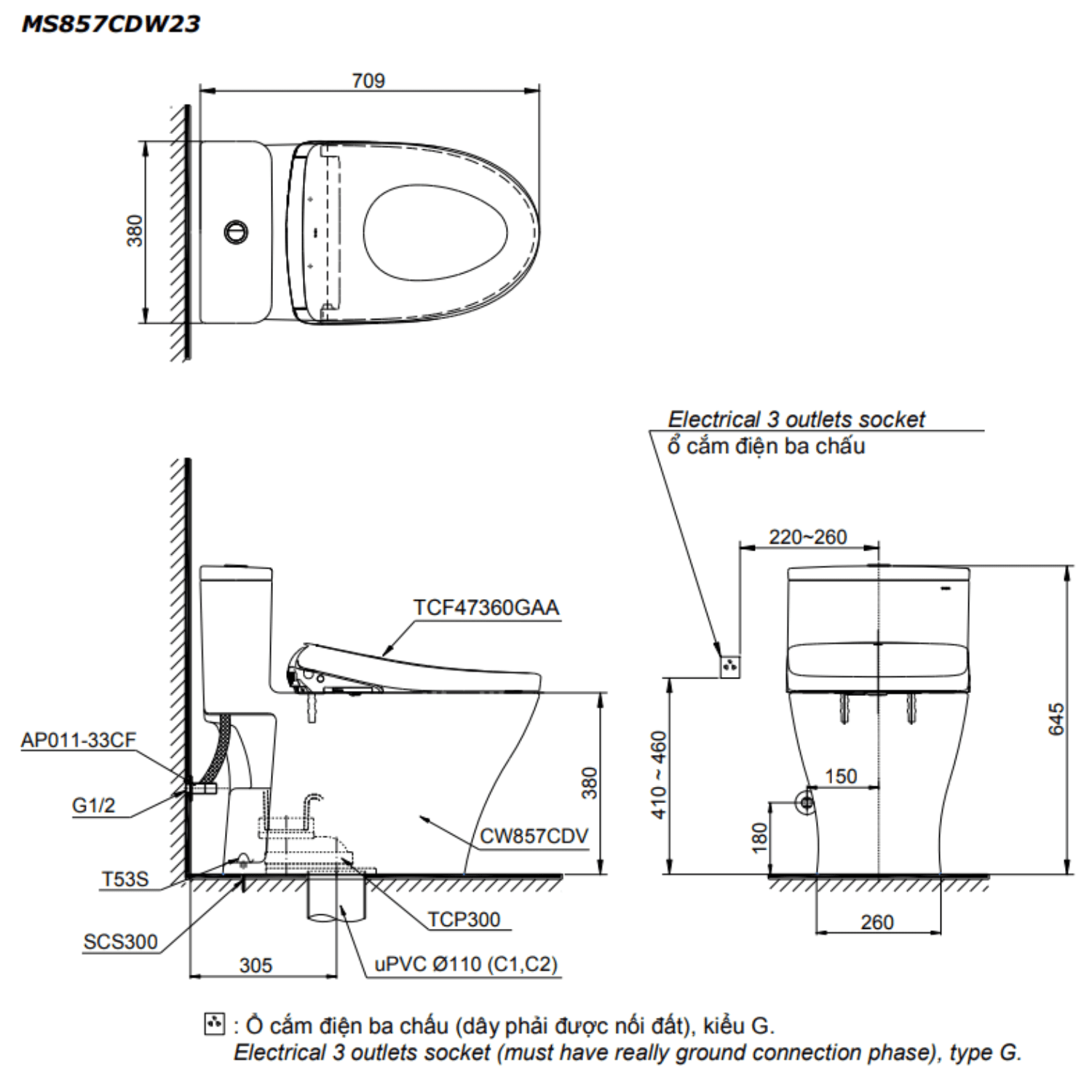 Bản vẽ kỹ thuật bồn cầu điện tử TOTO MS857CDW23