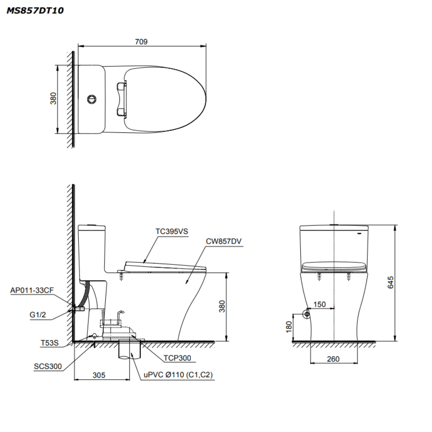 Bản vẽ kỹ thuật bồn cầu 1 khối TOTO MS857DT10