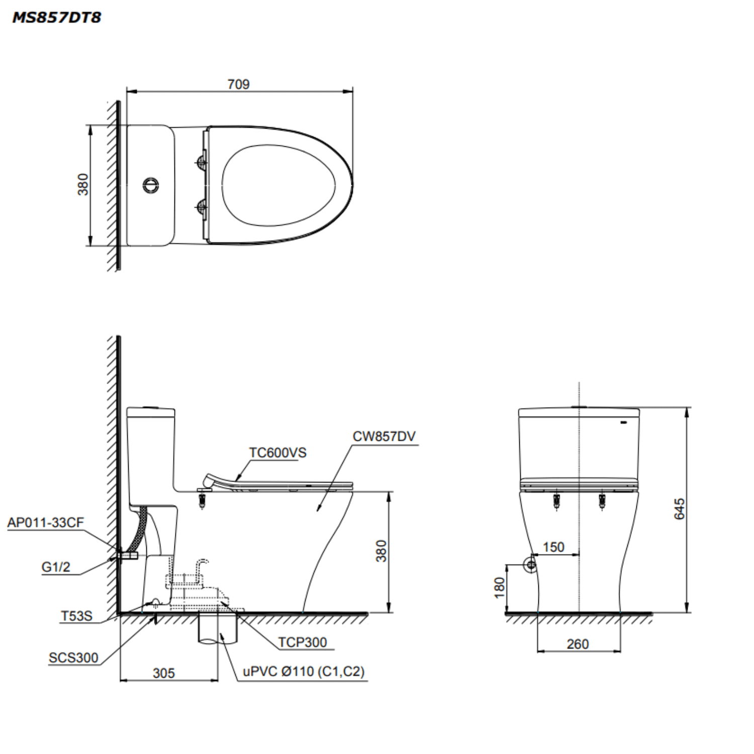 Bản vẽ kỹ thuật bồn cầu ToTo MS857DT8