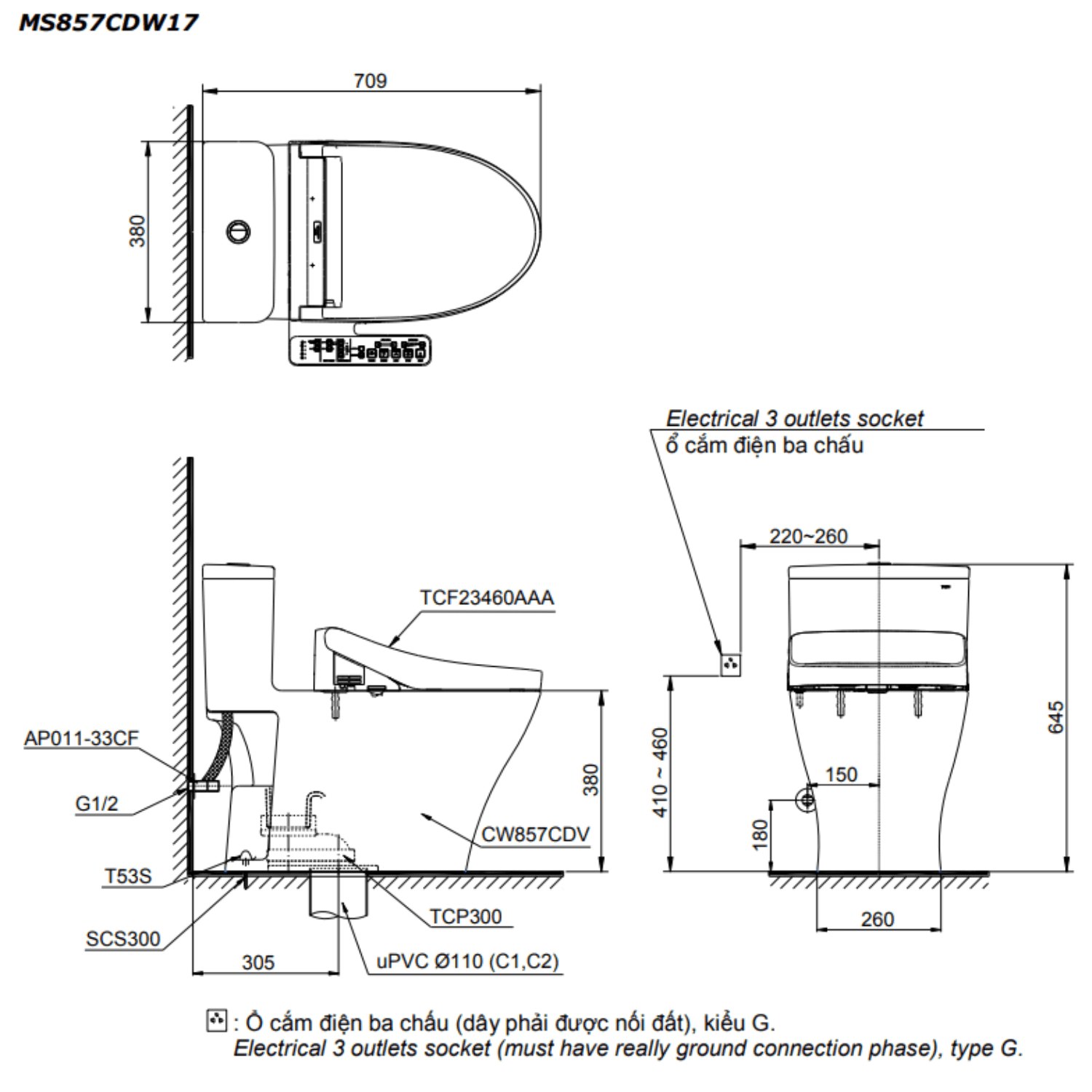 Bản vẽ kỹ thuật bồn cầu TOTO MS857CDW17