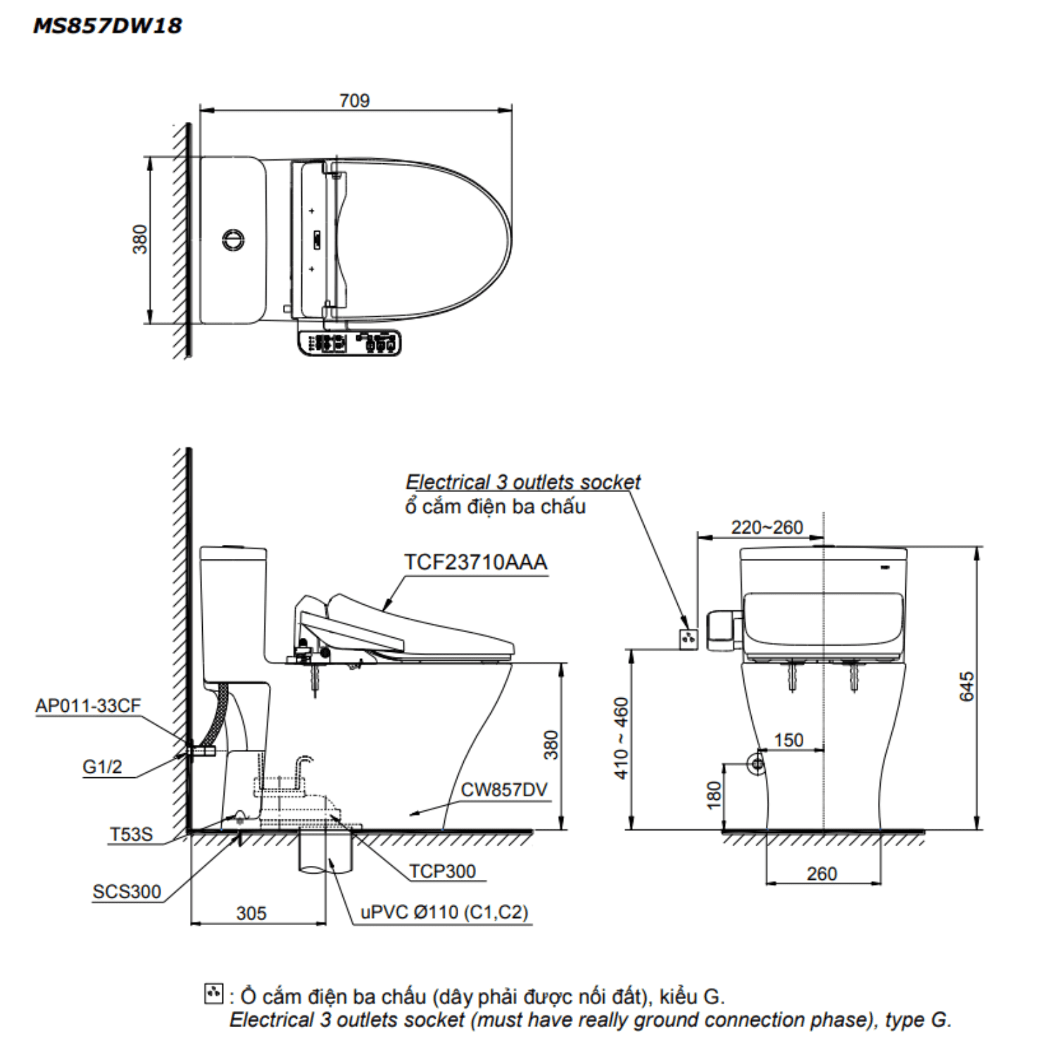 Bản vẽ kỹ thuật TOTO MS857DW18