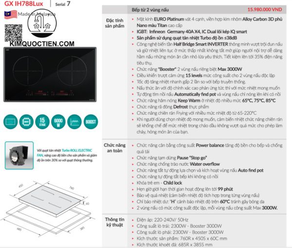 Thông số kỹ thuật của Bếp từ GrandX GX IH788Lux