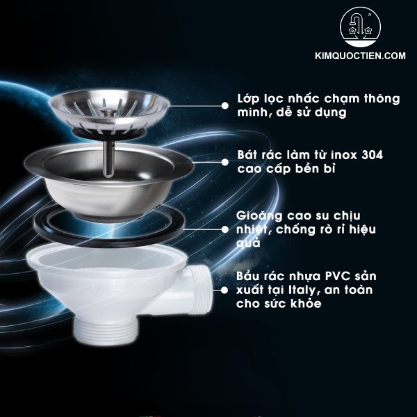 Hố rác được thiết kế 2 lớp có khả năng chống tắc nghẽn do rác thực phẩm được đổ vào trong quá trình sử dụng