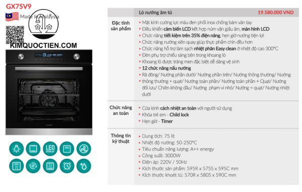 Lò nướng âm tủ GrandX GX75V9