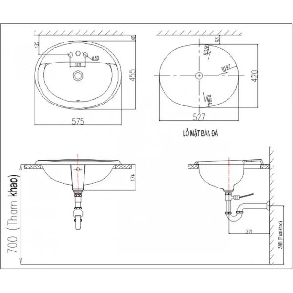 Bản vẽ kỹ thuật Chậu rửa lavabo âm bàn INAX AL-2395VEC