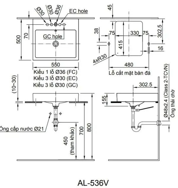 Bản vẽ thiết kế Chậu rửa lavabo đặt bàn INAX AL-536VEC