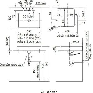 Bản vẽ kỹ thuật Chậu rửa lavabo đặt bàn INAX AL-536VFC
